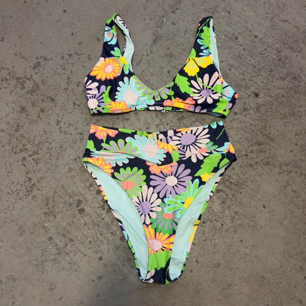 Aerie Real Good Retro Floral Bikini Set High Cut Cheeky Navy Multicolor Medium